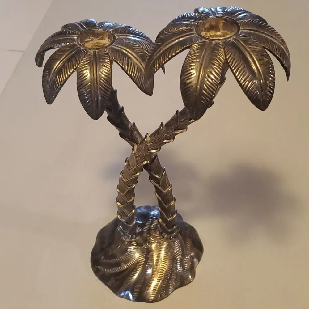 Vintage Godinger Silver Plate Candle Holder Twin Palm Trees